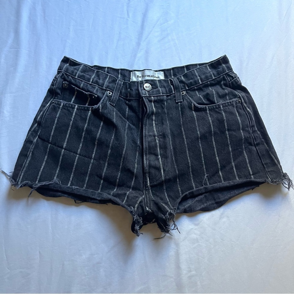 REFORMATION Dixie black pin stripe denim raw fray‎ hem high rise jean shorts